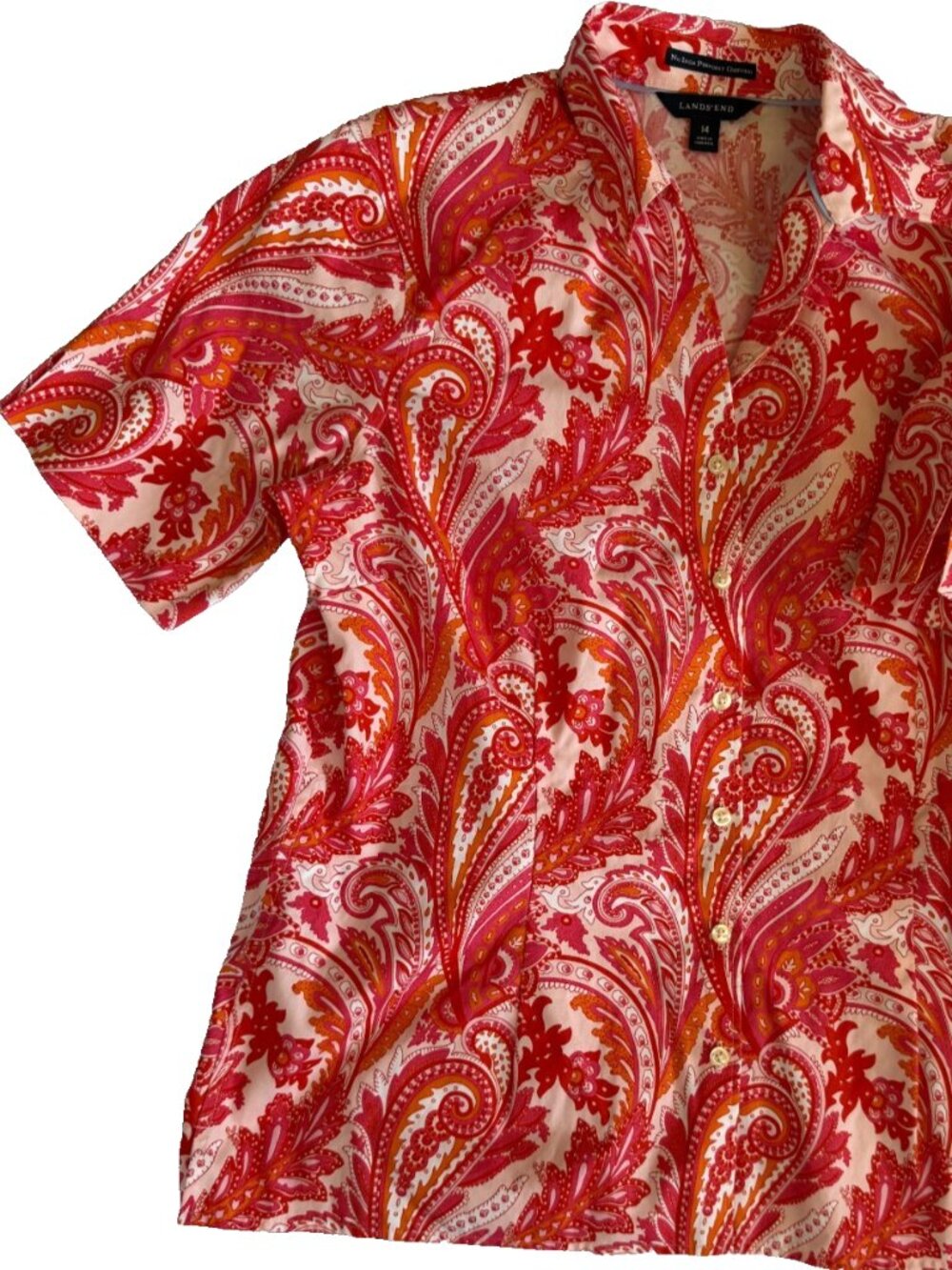 LANDS END PINPOINT OXFORD BUTTON UP SHORT SLEEVE SHIRT ORANGE PAISLEY WOMENS 14